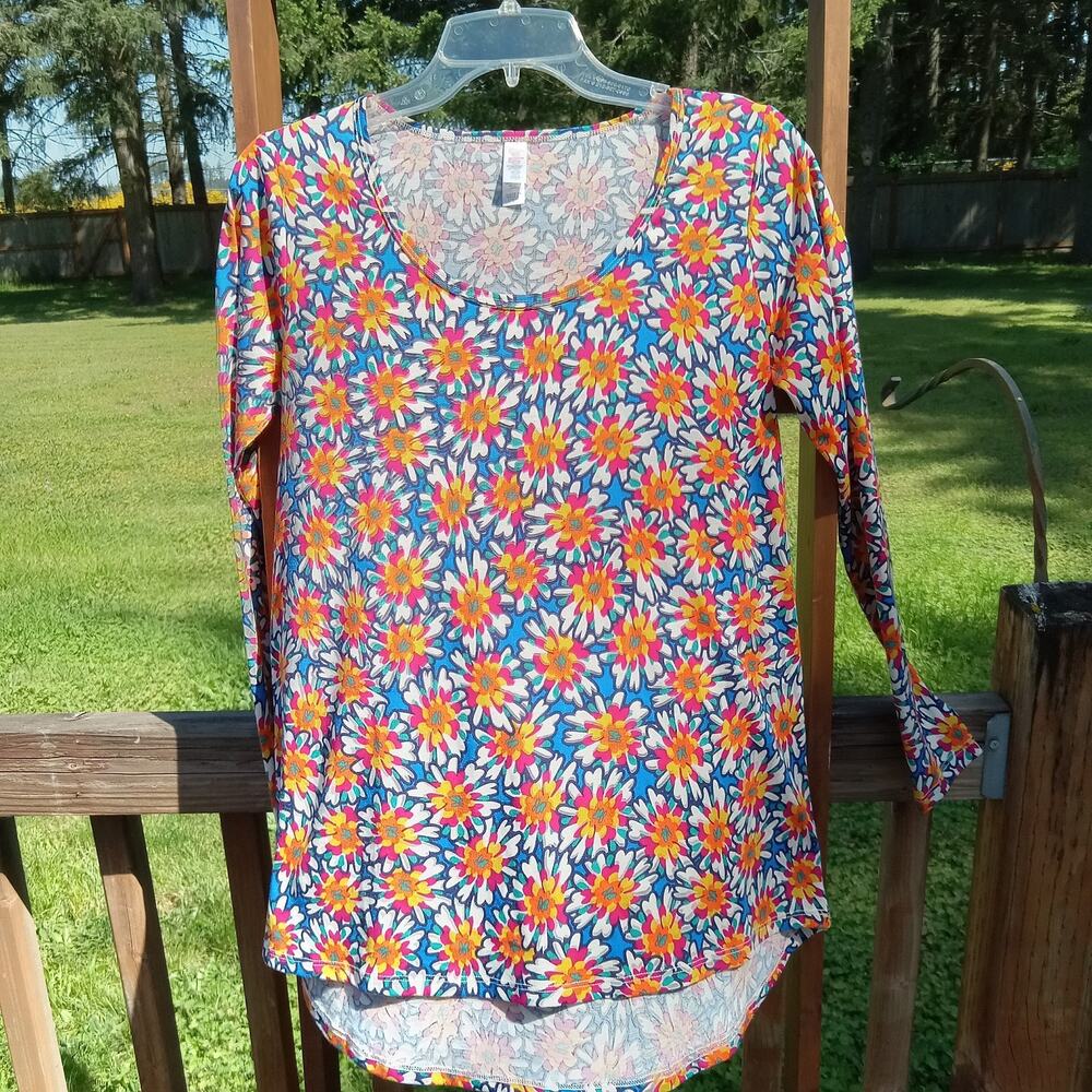Lularoe Womens Size Small Long sleeve Floral Orange White Blue Tunic Top Hi-Low